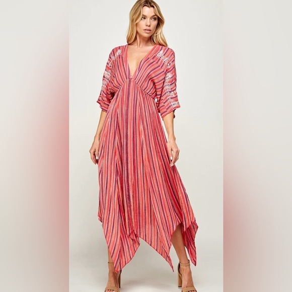 En Crème Pink Embroidered V-Neck Maxi Dress XS Asymmetric Boho Kimono sleeve - Picture 1 of 10